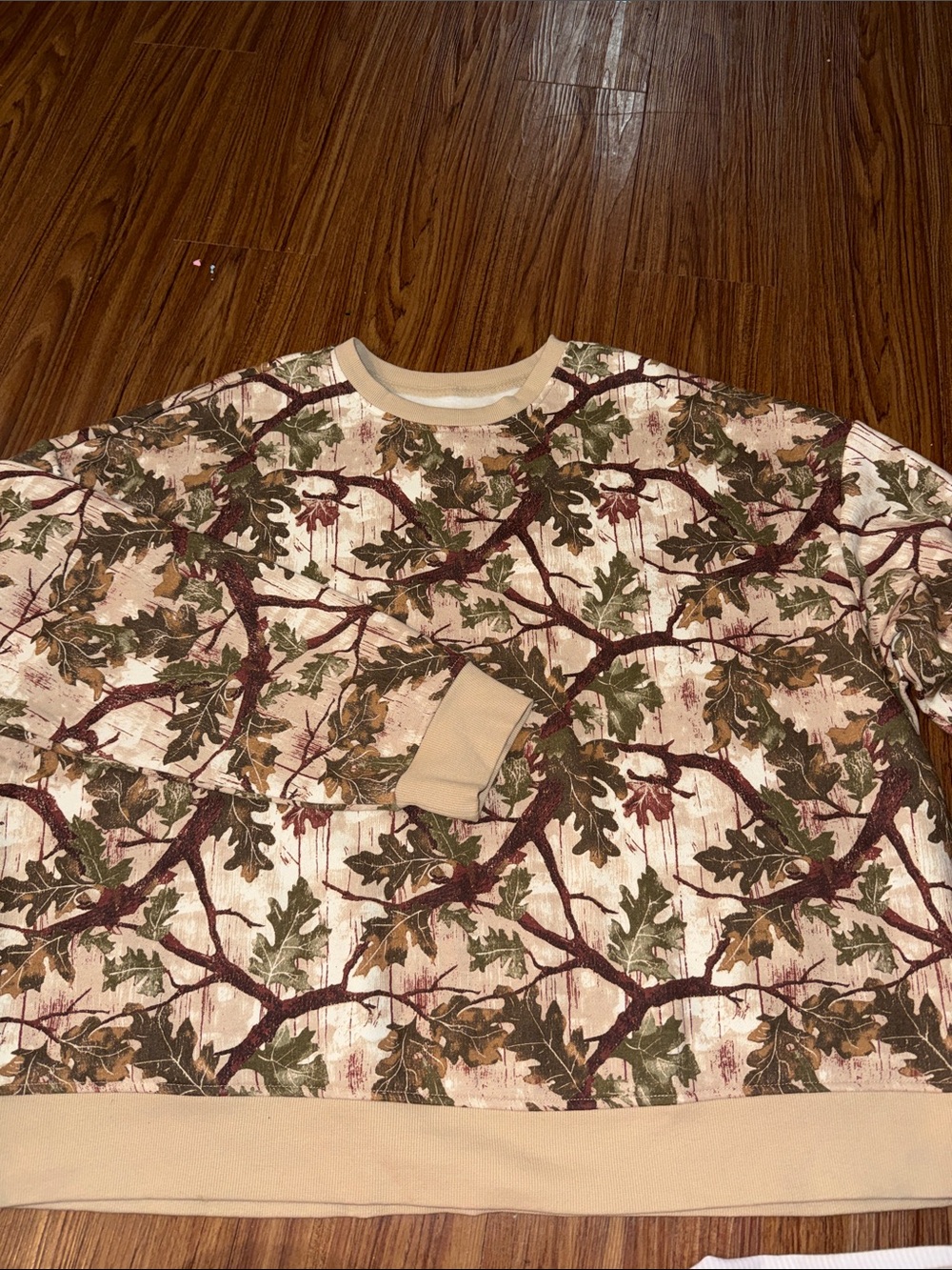 Original Use Beige Oak Leaf Print Crewneck Sweater with Green and Brown Accents